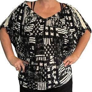 Anthropologie Black & White Abstract Print Blouse with Crochet Detailing Small